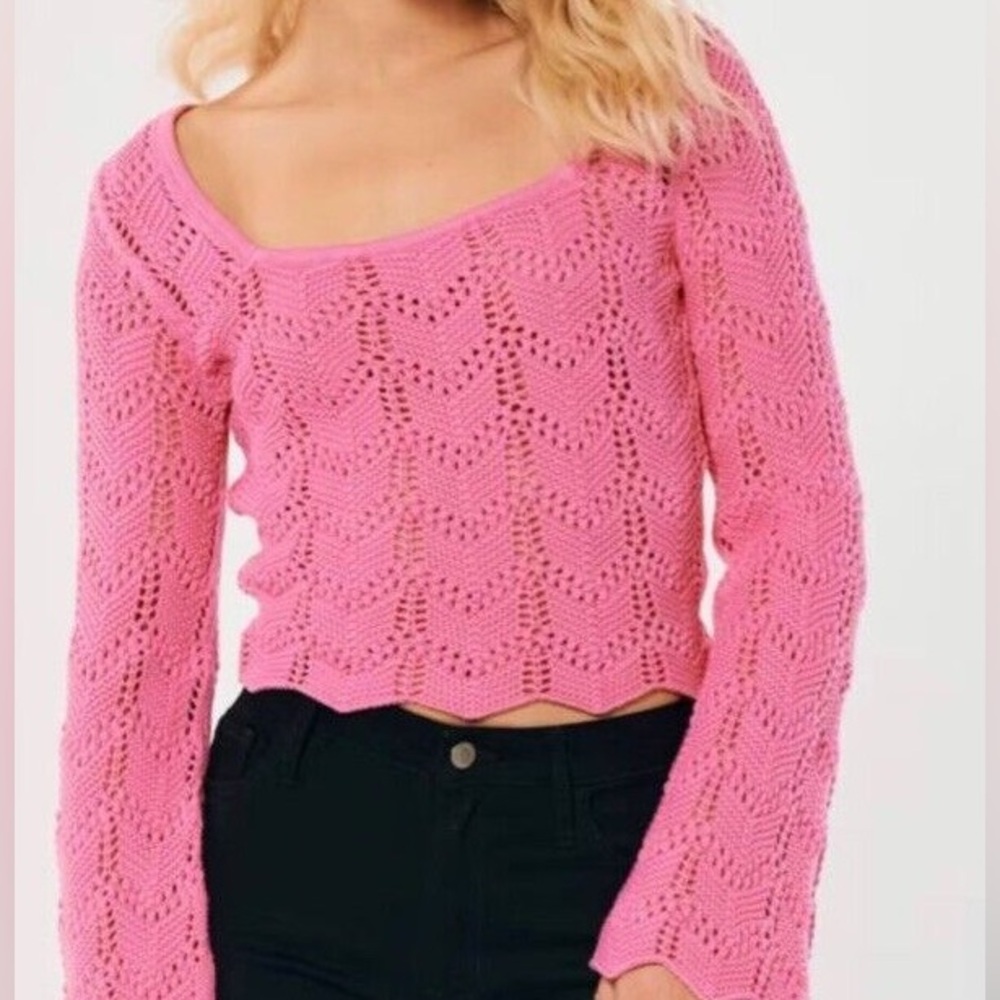 Hollister Women's Pink Long-sleeve Crochet Square-neck Size Large